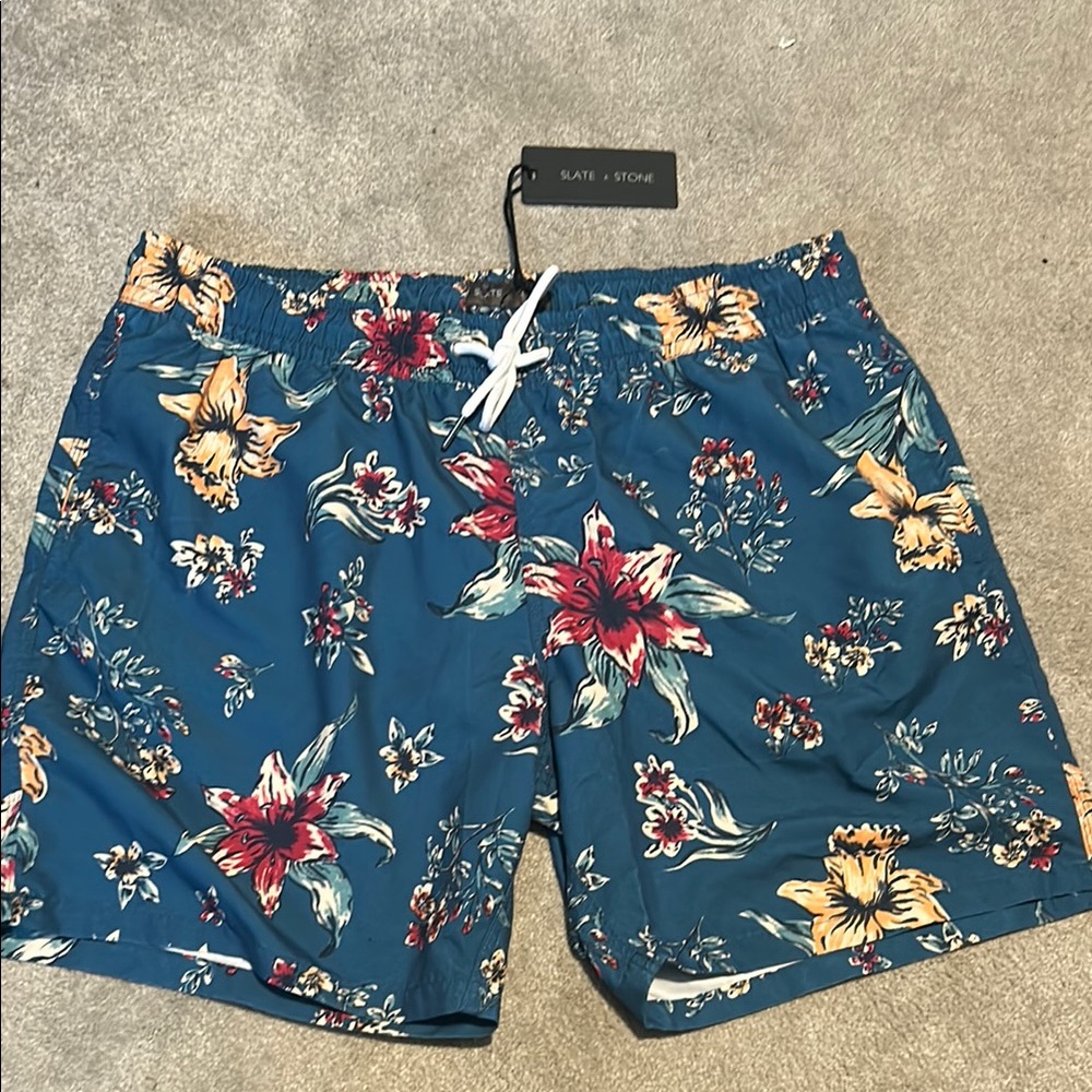 Slate & Stone Blue and Red Swim Trunks Vibrant Floral Design